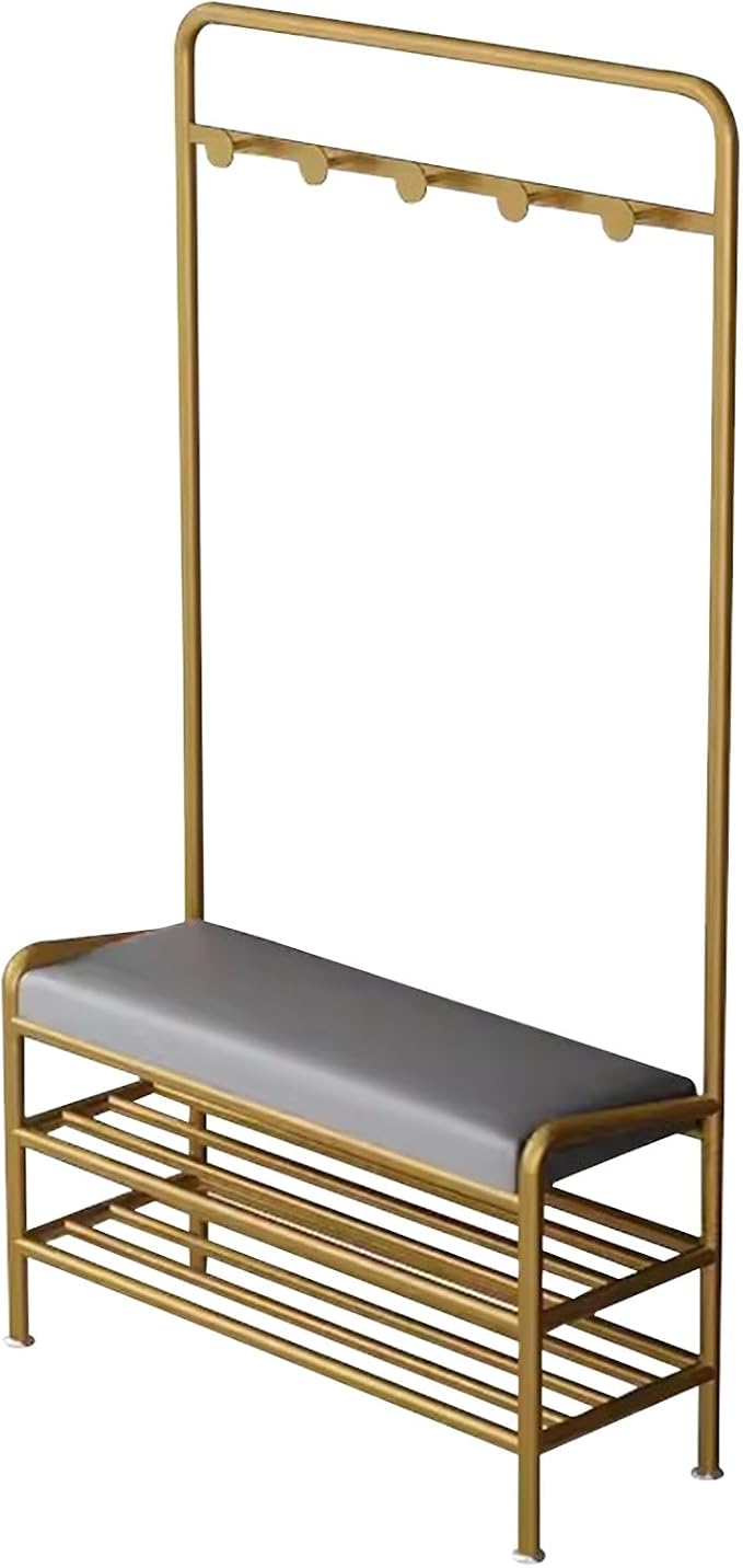 Narrow Hall Tree Storage Bench for Entryway, Coat Rack Shoe Bench Metal, Freestanding Coat Tree with Storage Shelf and Hooks, Entryway Bench with Shoe Storag(Grey-80 x 29 x 173 cm