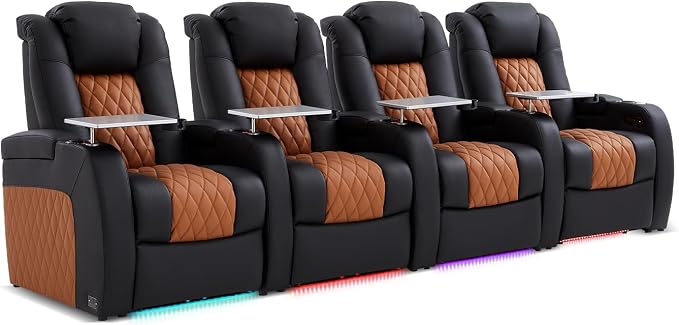 Weilianda Home Theater Seating Top Grain Leather Zero Gravity Recliner Chair Power Headrest Recline Movie Seat Gaming 7 Colors Mood Light Sofa with Tray Table Row of 4 Black Camel