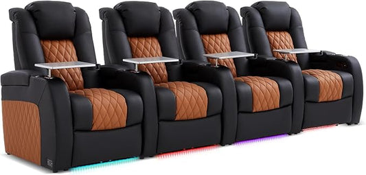 Weilianda Home Theater Seating Top Grain Leather Zero Gravity Recliner Chair Power Headrest Recline Movie Seat Gaming 7 Colors Mood Light Sofa with Tray Table Row of 4 Black Camel