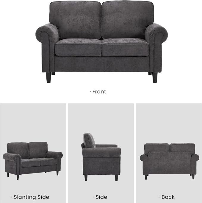 Kingfun Loveseat 2 & 3 Seater Couch with Chair, Mid Century Modern Chenille Sofa Set with Rolled Arms and Deep Seats, Fluffy Comfort for Living Room, Apartment, Easy Assembly, Grey