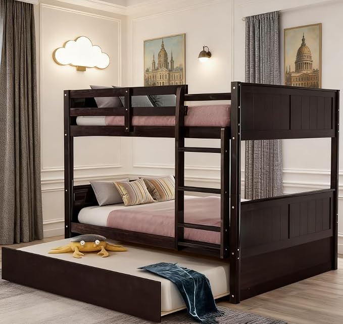 Bellemave Bunk beds Full Over Full with Twin Size Trundle, Low bunk Bed for Kids Adults and Teenagers，Espresso