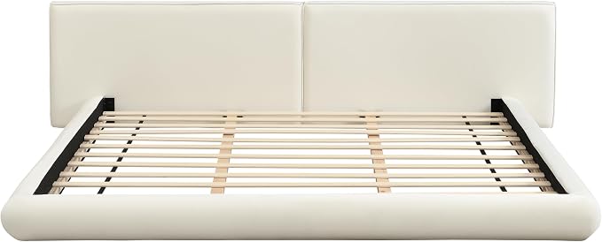 Merax King Size Low Profile Floor-Hugging Platform Bed, Platform Bed Frame with 27.45'' Headboard, 800lb WeightCapacity, Upholstered Modern Bed in Fabric, Cream