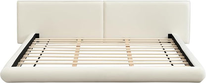 Merax King Size Low Profile Floor-Hugging Platform Bed, Platform Bed Frame with 27.45'' Headboard, 800lb WeightCapacity, Upholstered Modern Bed in Fabric, Cream