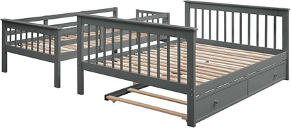 MERITLINE Twin Over Full Bunk Bed with Trundle, Storage Staircase,Solid Wood Bunk Bed with Stairs Box and Guardrail, No Spring Box Needed (Grey &Trundle,Twin Over Full)