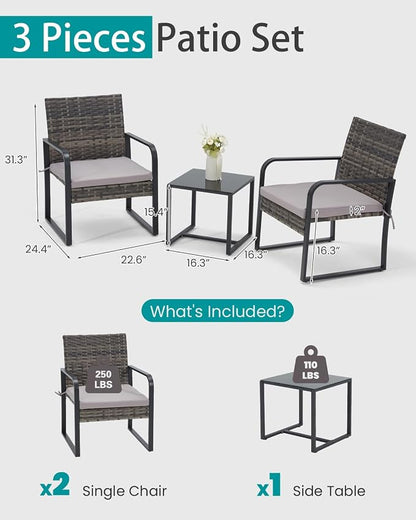 Bezseller 3 Piece Outdoor Patio Furniture Set, Patio Bistro Set Wicker Conversation Set, Modern Rattan Chair with Glass Coffee Table for Backyard, Porches, Poolside, Lawn and Balcony
