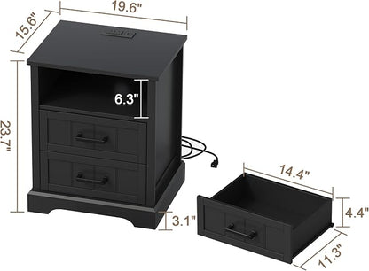 ChooChoo Farmhouse Night Stands with Charging Station, Wood Nightstand Set of 2 with 2 Drawers, Bedside Table with Open Storage Shelf for Bedroom, Black