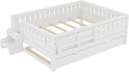 Bellemave Full Size Kids Bed with high Rails and with Built-in Bookshelf and Trundle for Kids, Girls, Boys, Wood Montessori Bed Without Door, White