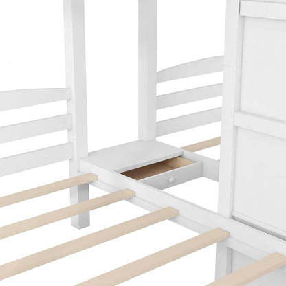 VilroCaz Twin Size Triple Bunk Bed with Built-in Staircase and Storage Drawer, Solid Wood Bunk Bed Frame with Safety Full-Length Guardrail for 3, Bedroom Guest Room Home Furniture