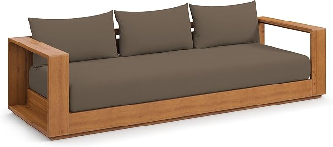 Wooden sofa with brown cushions on a white background