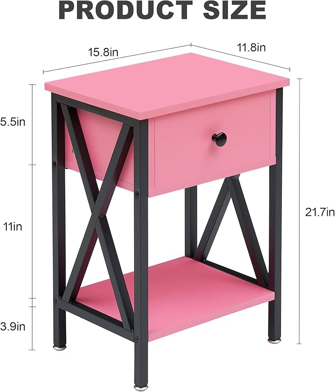 VECELO Nightstand,Modern Bedside End Table, Night Stand with Drawer and Storage Shelf for Living Room Bedroom, Industrial Metal Frame