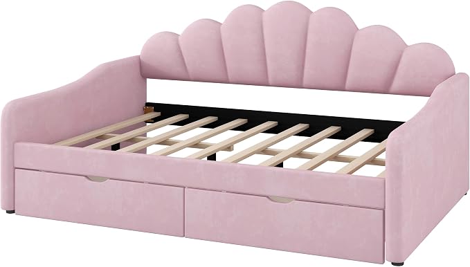 Ball & Cast Full Size Daybed with Two Storage Drawers,Velvet Upholstered Day Bed Frame Full with Shall Shaped Backrest and Wood Slat Support,No Box Spring Needed,Pink