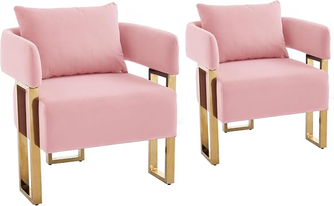 YISHENG Modern Barrel Accent Chairs Set of 2, Living Room Side Chairs with Golden Metal Legs Velvet Upholstered Reading Armchairs no Wheels for Vanity/Reception Room//Bedroom/Lounge/Office, Pink