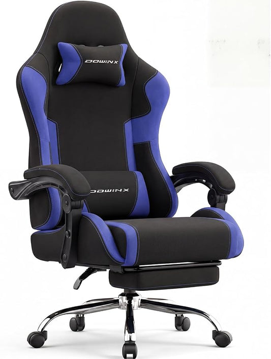 Dowinx Ergonomic Gaming Chair with Footrest & Massage Lumbar, 2D-Linkage Armrests for Computer Chair 330lbs with Headrest Pillow for Office, Home, Streaming and Long Gaming Sessions, Fabric Dark Blue