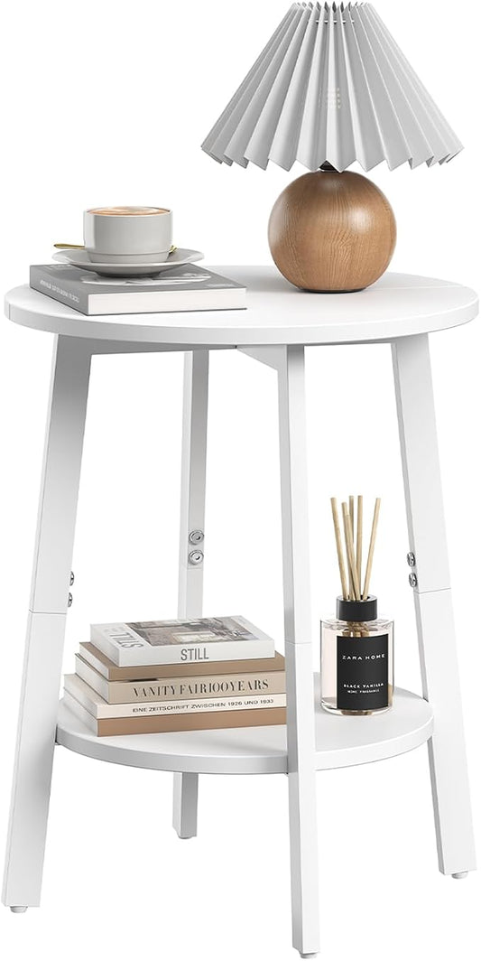 sthmec Side Table, Small Round End Table with Storage Shelf for Small Space, 2-Tier Bedside Table Sofa Couch Table, Round Accent Table Nighstands for Living Room, Bedroom,White