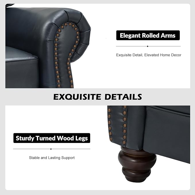 Classic 3-Seater Sofa with Premium Leather Upholstery, Stylish & Comfortable Sofa for Living Room or Office, Easy Assembly and Maintain & Long-Lasting, Navy