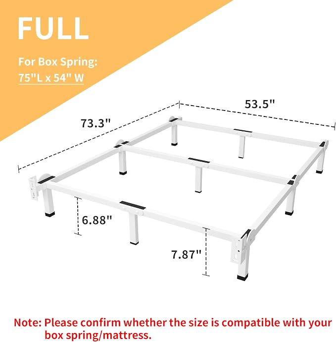 Superay Metal Bed Frame, 9-Leg Bed Base, 8 inches Support for Box Spring, Full, Easy Assembly, White