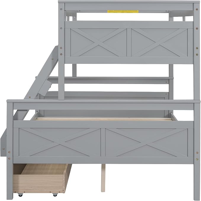 Merax Twin Over Full Bunk Bed with 2 Storage Drawers,Solid Wood Bunk Bed with Ladder and Safety Guardrail for Bedroom Kids Adults,Can be Separated into 2 Platform Beds,Gray