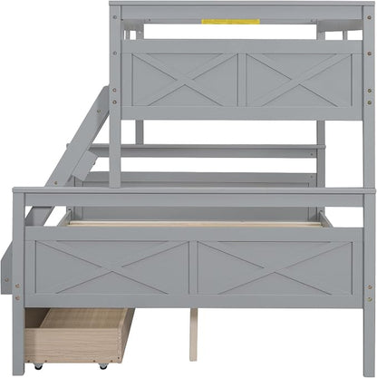 Merax Twin Over Full Bunk Bed with 2 Storage Drawers,Solid Wood Bunk Bed with Ladder and Safety Guardrail for Bedroom Kids Adults,Can be Separated into 2 Platform Beds,Gray
