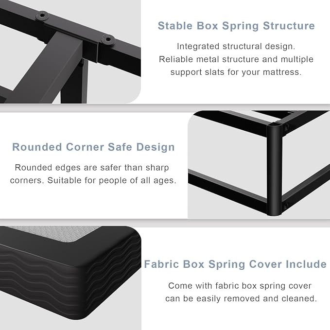 Tyndall 5 Inch Box Spring Full Size Bed Base, Low Profile Heavy Duty Metal Mattress Foundation with Fabric Bed Cover, Non-Slip, No Noise, Easy Assembly, Black