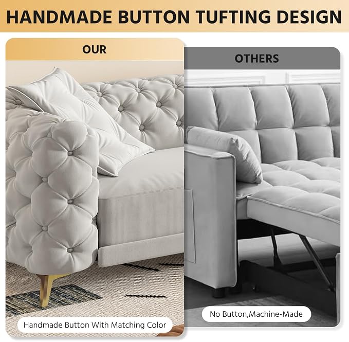 97.7'' Pull Out Sofa Bed King, Chesterfield Velvet Sleeper Sofa, Convertible L-Shaped Futon Couch, Tufted Back, Ottoman, Deep Seat Loveseat Couches for Living Room, Apartment, Light Gray