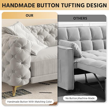 97.7'' Pull Out Sofa Bed King, Chesterfield Velvet Sleeper Sofa, Convertible L-Shaped Futon Couch, Tufted Back, Ottoman, Deep Seat Loveseat Couches for Living Room, Apartment, Light Gray
