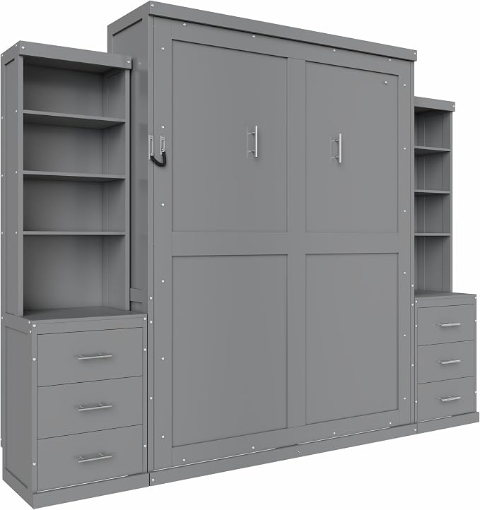 Murphy Bed Full Size,Murphy Bed with Storage Shelves and Drawers,Wall Bedframe w/Wood Slatk,can be Folded,No Box Spring Needed,for Bedroom Apartment,Gray