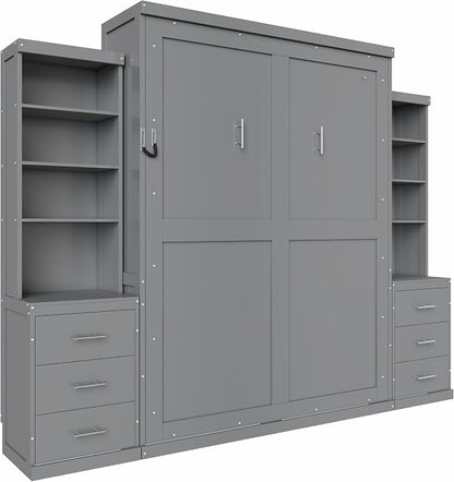 Murphy Bed Full Size,Murphy Bed with Storage Shelves and Drawers,Wall Bedframe w/Wood Slatk,can be Folded,No Box Spring Needed,for Bedroom Apartment,Gray