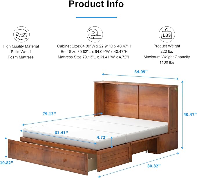 PUREMIND Queen Murphy Bed with Mattress Included, Murphy Cabinet Bed with Storage Drawer, Built-in Charging Station, Solid Wood Frame, Space-Saving Cabinet Beds for Small Spaces/Guest Room (Cherry)