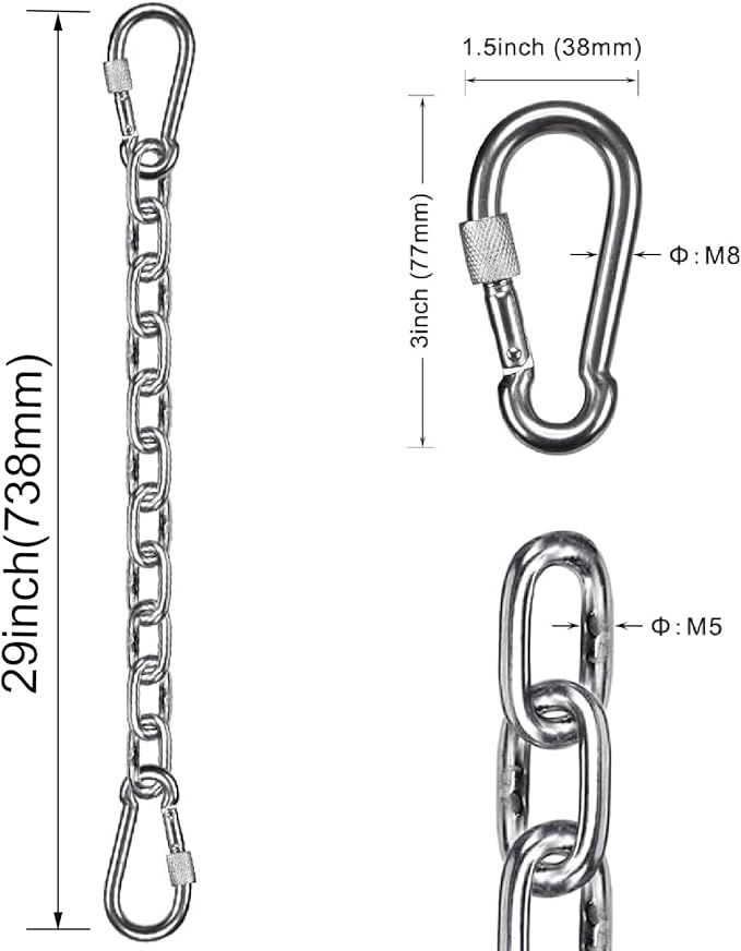 BeneLabel 1Pcs 29inch 304 Stainless Steel Hanging Chain with 4 Carabiners Hammock Chain Extender Chain for Swing, Heavy Bag, Hanging Chair, Porch Swing, Indoor & Outdoor 1000 LB Capacity