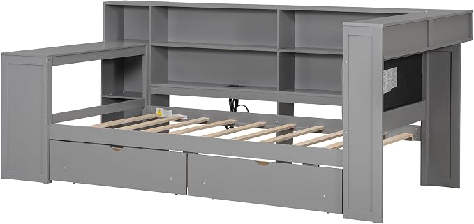 Bellemave Twin Corner Bed with Storage Shelves and Desk, Upholstered Headboard Daybed with Bookcase and Drawers，Daybed with Storage, Grey+ Grey Cushion