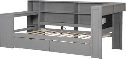 Bellemave Twin Corner Bed with Storage Shelves and Desk, Upholstered Headboard Daybed with Bookcase and Drawers，Daybed with Storage, Grey+ Grey Cushion