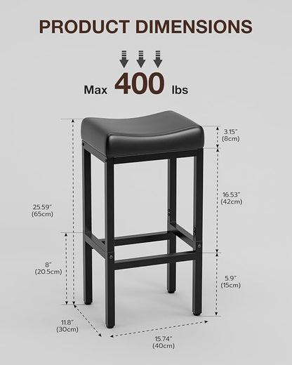 Bar Stools Set of 2-24 Inch Counter Height Chairs for Kitchen Island, Leather Seat with 400 LBS Heavy-Duty Metal Frame and Adjustable Feet, Easy to Assemble for Bar, Café or Dining Room,Black