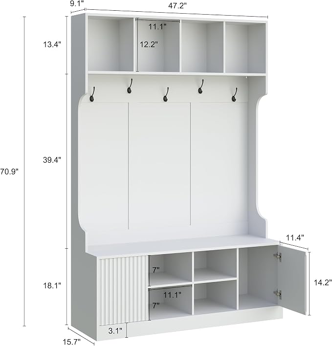 Hall Tree with Bench and Shoe Storage, 5-in-1 Entryway Coat Rack with LED Sensor Light, Hooks and Storage Cubes, Shoe Cabinet with Fluted Door, Modern Hall Tree for Entryway, Living Room