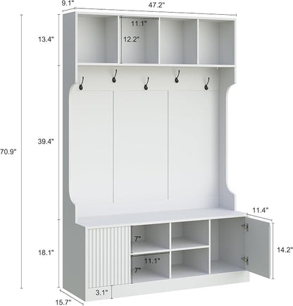 Hall Tree with Bench and Shoe Storage, 5-in-1 Entryway Coat Rack with LED Sensor Light, Hooks and Storage Cubes, Shoe Cabinet with Fluted Door, Modern Hall Tree for Entryway, Living Room