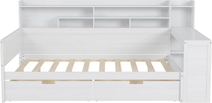 Merax Full Size Wood Daybed, Corner Bed Frame with Storage Shelves, 2 Drawers & Study Desk & Built-in Workspace, Multi-Functional Wooden Bed Space-Saving for Bedroom, Dorm, Guest Room, Antique White