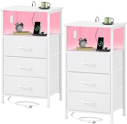 Somdot Nightstands Set of 2,Bedside Tables with Charging Station and LED Lights,Night Stand with 3 Fabric Drawers, End Tables with Open Shelf for Small Spaces Bedroom Entryway Hallway, White Leather