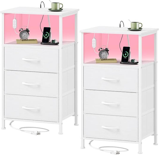Somdot Nightstands Set of 2,Bedside Tables with Charging Station and LED Lights,Night Stand with 3 Fabric Drawers, End Tables with Open Shelf for Small Spaces Bedroom Entryway Hallway, White Leather