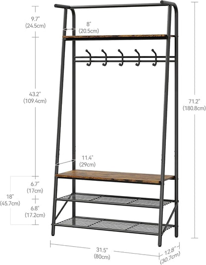 OUTLANE Entryway Hall Tree with 5 Hooks, Shoe Bench & Storage Shelf, Coat Rack Organizer with Wood Accents and Metal Frame for Entryway, Living Room, Bedroom, Rustic Brown-Single row