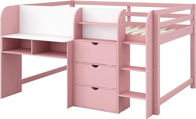 Bellemave Full Size Low loft Bed for Kids,Wood Modern Farmhouse Full Loft Bed with Desk, Storage Cabinets,Bookcase, No Box Spring Needed, Pink