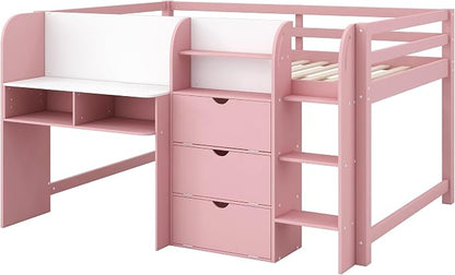 Bellemave Full Size Low loft Bed for Kids,Wood Modern Farmhouse Full Loft Bed with Desk, Storage Cabinets,Bookcase, No Box Spring Needed, Pink