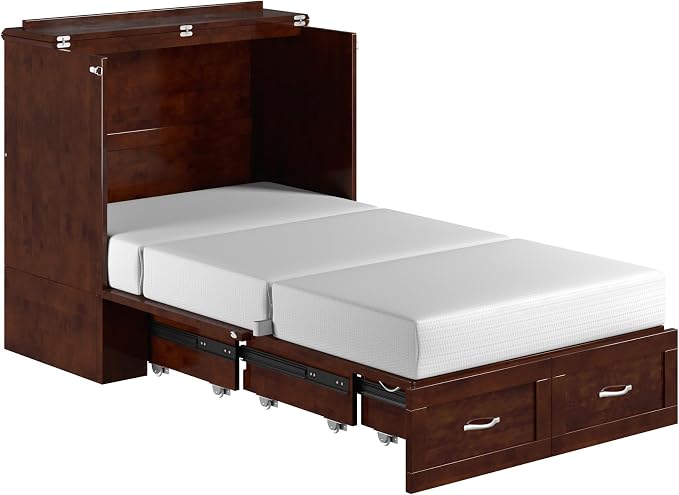 AFI, Hamilton Twin XL Murphy Bed Chest with 6" Mattress, Storage Drawer, and Built-in USB Charger, Walnut