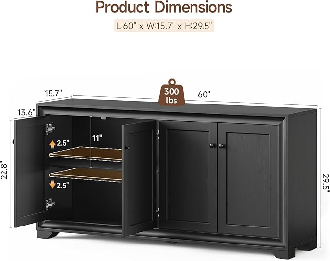ONBRILL 60" Buffet Cabinet with Storage, 4 Doors Sideboard Buffet Cabinet with Adjustable Shelves, Modern Coffee Bar Console Table for Living Room, Kitchen, Entryway, Black
