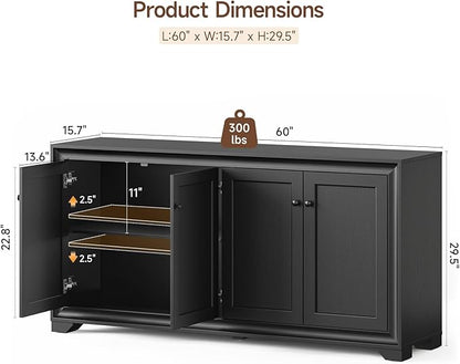 ONBRILL 60" Buffet Cabinet with Storage, 4 Doors Sideboard Buffet Cabinet with Adjustable Shelves, Modern Coffee Bar Console Table for Living Room, Kitchen, Entryway, Black