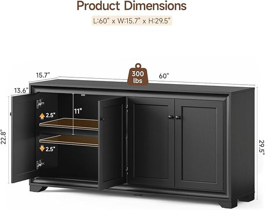 ONBRILL 60" Buffet Cabinet with Storage, 4 Doors Sideboard Buffet Cabinet with Adjustable Shelves, Modern Coffee Bar Console Table for Living Room, Kitchen, Entryway, Black