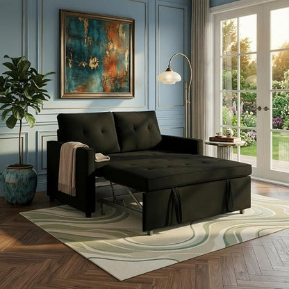 Sofa Bed, Pull Out Couch with Side Pockets, 3 in 1 Velvet Fabric Loveseat Sleeper Sofa Bed, Pull Out Couch with Adjustable Backrest for Living Room, Bedroom, Apartment, Black, 53 Inch