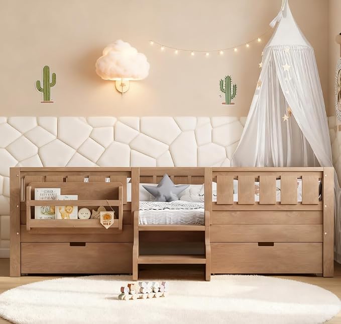 Bellemave Full Size Kids Bed with high Rails and with Built-in Bookshelf and Drawers for Kids, Girls, Boys, Wood Montessori Bed Without Door, Natural