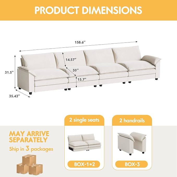 Homall 159" Modular Sectional Sofa, Linear Sofa Couch with Double-Layer Cushion, DIY Combination Chenille Deep 4-Seat Cloud Couch for Living Room, Apartment (White, Linear Sofa)