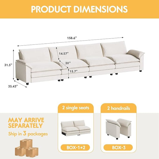 Homall 159" Modular Sectional Sofa, Linear Sofa Couch with Double-Layer Cushion, DIY Combination Chenille Deep 4-Seat Cloud Couch for Living Room, Apartment (White, Linear Sofa)