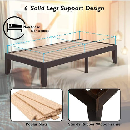 KOMFOTT 14 Inches Wood Platform Bed Frame Twin Size, Wooden Mattress Foundation with Rubber Wood Frame, Strong Wooden Slat Support, No Box Spring Needed, Bed Frame (Dark Brown)