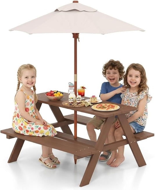 Costzon Kids Picnic Table, Fir Wood Kids Outdoor Table and Chairs with Removable Umbrella, Toddler Picnic Table for Patio, Backyard, Garden (Natural)